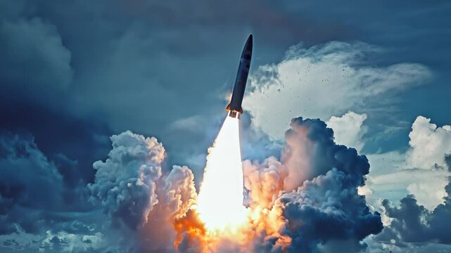 Rocket launch at sea with dramatic clouds and smoke, showcasing powerful propulsion and advanced technology