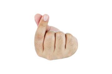 Male hand showing finger heart or mini heart gesture with the index finger and thumb come together like a snap, isolated on white background with clipping path.