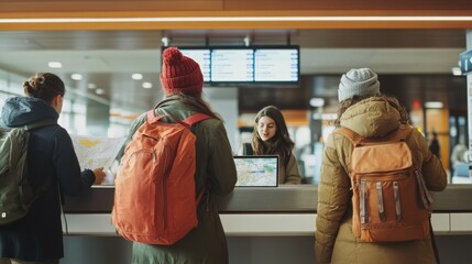 Airport counter with a group of friends heading for an adventure in the Canadian Rockies. Featuring excitement and exploration