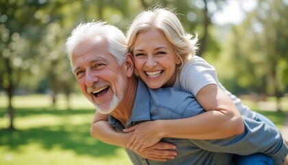 Happy Senior Couple Enjoying a Sunny Day in the Park Piggyback Ride