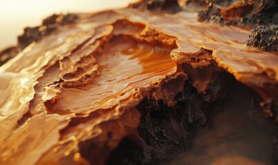Close-up of textured rock formations with flowing orange liquid, sunset glow in background