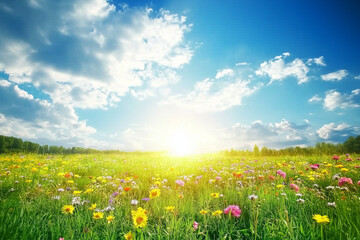 Fototapeta premium A meadow filled with colorful wildflowers under a vibrant blue sky