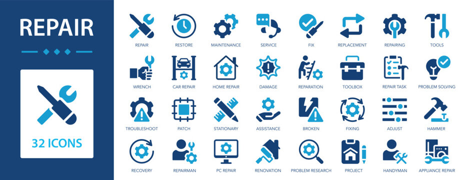 Repair icon set. Tools, fix, service, repairmen, broken, troubleshoot, toolbox.