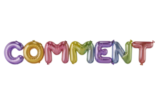 Rainbow balloon COMMENT word, isolated on transparent background, social media post