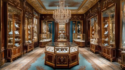 Obraz premium A high-end boutique with glass display cases filled with elegant brooches