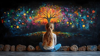 Young Girl Drawing Glowing Ethereal Tree on Blackboard with Colorful Chalk Imagination in Focus