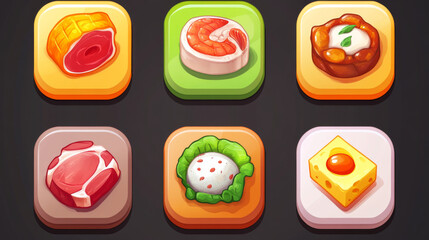 Game ui food app icons, round buttons, cartoon menu interface. Gui textured graphic design elements strawberry, sprinkles on pink glaze, meat, cheese, tuna, salmon fish, waffle isolated 2d vector set