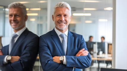 Fototapeta premium Confident Successful Mature Businessman Portrait Professional Executive Manager in Modern Office Setting Smiling Positive Attitude Leadership Role Corporate Image Serious Experienced Smart Stylish 