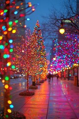 Colorful holiday lights illuminate a city street during the evening in winter