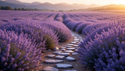 Obraz premium Lavender field with a stone path under golden sunlight