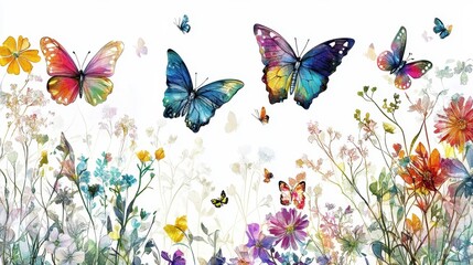 Butterflies fluttering in a garden, stained glass watercolor effect, intricate flowers, soft jewel tones, crisp white background, high-resolution clipart 