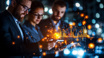 Business Professionals Analyzing Digital Data in a Contemporary Urban Workspace with Glowing Visualizations