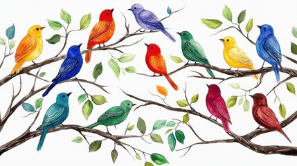 Colorful birds perched on a tree, stained glass watercolor style, delicate branches, vibrant jewel tones, centered on a solid white background, 8K quality 