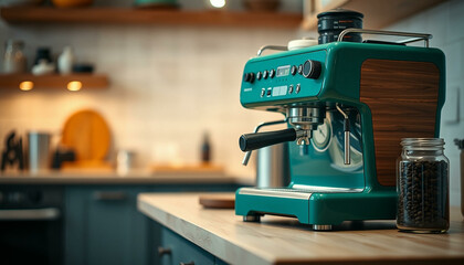 Fototapeta premium Modern coffee machine with cup on counter in kitchen.