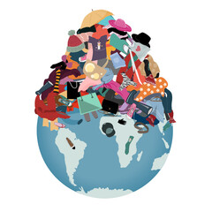 Earth planet with a Pile of Useless, Old, Cheap, and Oumoded Cothes on it. Clothes recycle and environment issues concept. Vector isolated illustration