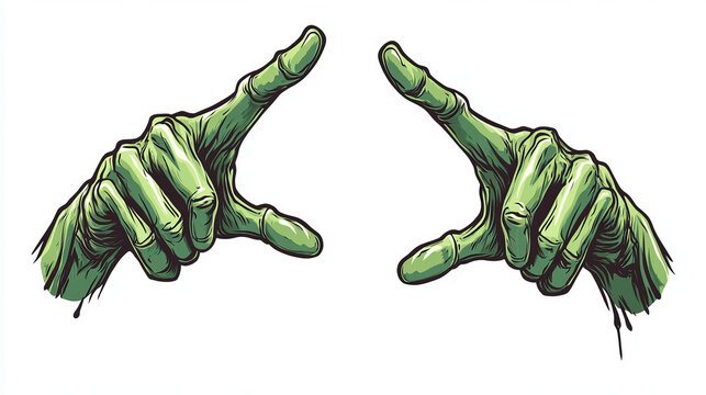 Zombie hands 3d render, green monster character palm pointing up and down gestures. Funny Halloween personage fingers with bones isolated on white background, illustration in cartoon. 3D Illustration