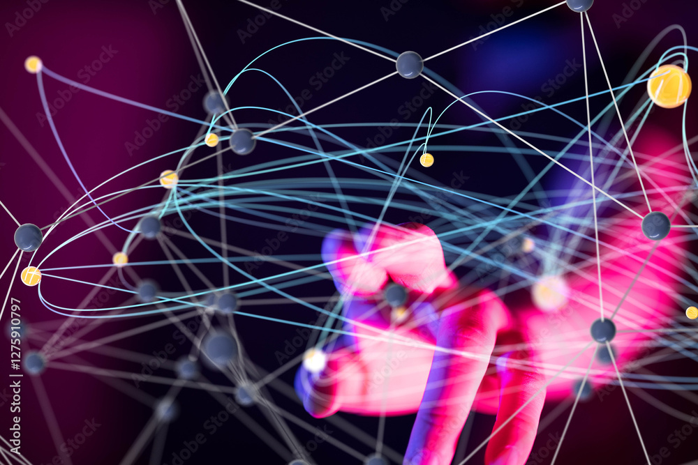 Poster Global network. Blockchain. 3D illustration. Neural networks and artificial intelligence. Abstract