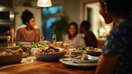 Elegant Dining Atmosphere with Gourmet meal and Warm Lighting for Social Gatherings and Nesting Home Party for Family and Friends