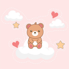 An adorable teddy bear sitting on a fluffy cloud, perfect for children's decor or stationery.