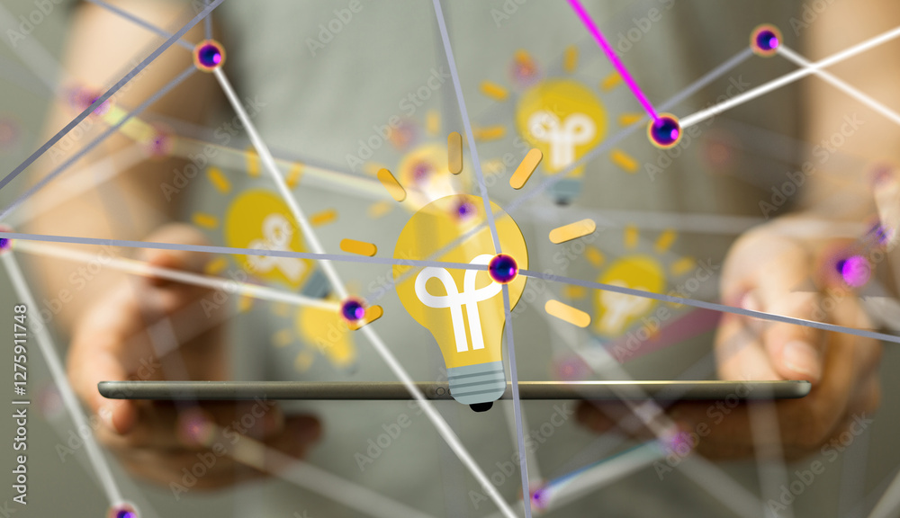 Poster Neural network 3D illustration. Big data and cybersecurity - 3d