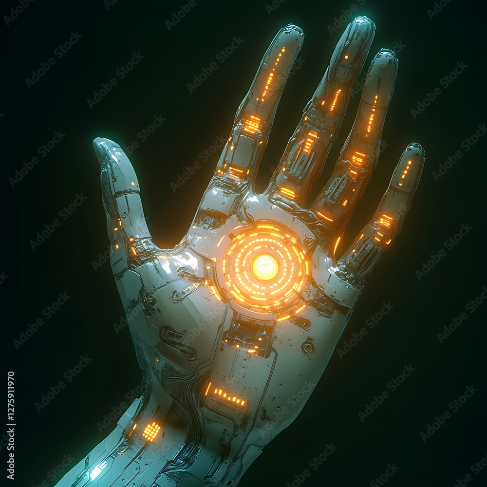 Aufkleber Hyper-detailed image of a mechanical hand with illuminated components.