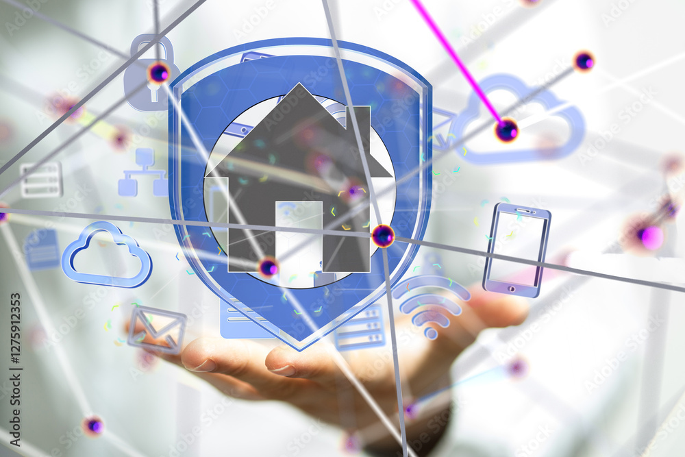 Poster home data. Digital cyberspace with particles and Digital data network connections concept. - 3d