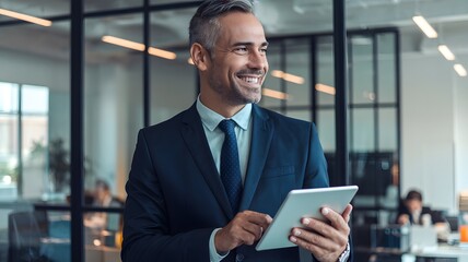 Fototapeta premium Successful Businessman Using Tablet Modern Office Happy Smiling Confident Professional Corporate Executive Digital Technology Entrepreneur Strategic Planning Innovative Ideas Workplace Future Growth 