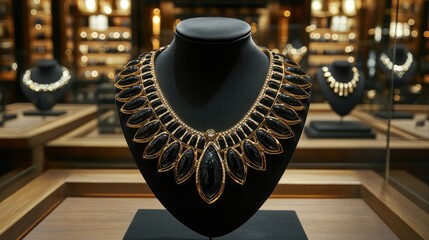 A stylish boutique showcase featuring medium-sized statement necklaces with sleek designs