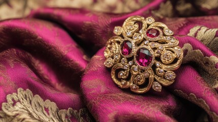 Obraz premium A stylish brooch with intricate gemstone details pinned on a luxurious fabric