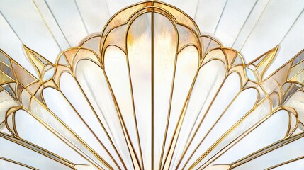 Ornate Art Deco fan pattern, delicate stained glass textures, shimmering gold highlights, watercolor details, centered on a clean white background, 8K 