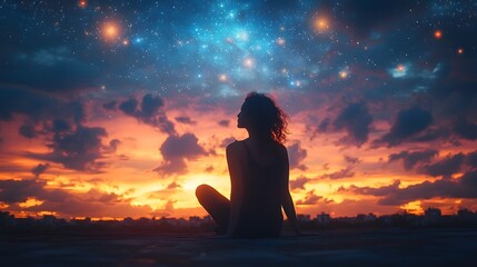 Obraz premium Solitary Figure Silhouetted Against Glowing Cityscape and Starry Night Sky
