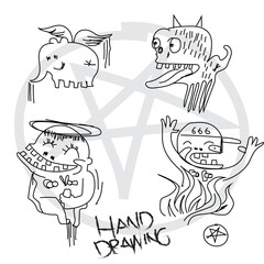A set of surreal, hand-drawn black-and-white doodles of anthropomorphic