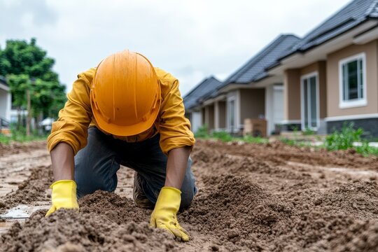 In the realm of construction, a dedicated engineer meticulously examines the land, his keen eye seeking perfection With unwavering focus, he analyzes the soil composition, ensuring the stability and