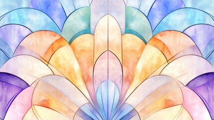 Fototapeta premium Stylized Art Deco fan motif, stained glass watercolor effect, soft pastel gradients, fine geometric detailing, placed on a crisp white background, ultra-HD