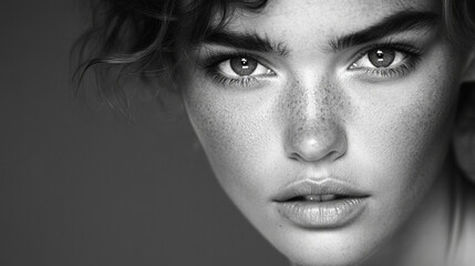 Fototapeta premium Soft Noir: A high-contrast black-and-white portrait, highlighting expressive eyes and deep shadows for a timeless cinematic feel.