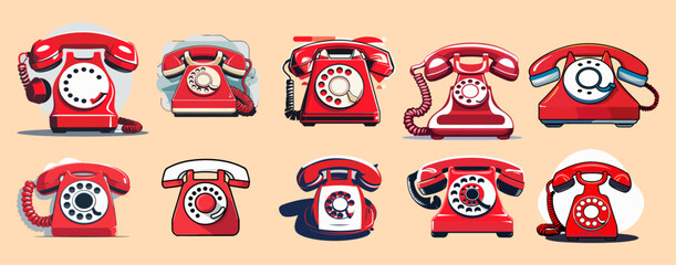 Sets icon collection of vintage red rotary telephones, each with unique designs and features, arranged in two rows on a beige background