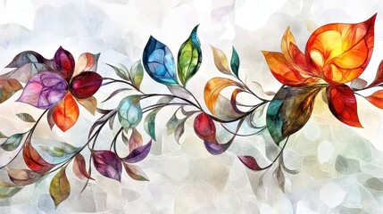 Obraz premium Stylized flowering vines, stained glass watercolor, soft gradients, intricate floral tendrils, rich jewel tones, high resolution, plain white background