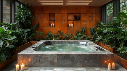 Modern spa hot tub in a garden room. Possible use stock photo for interior design