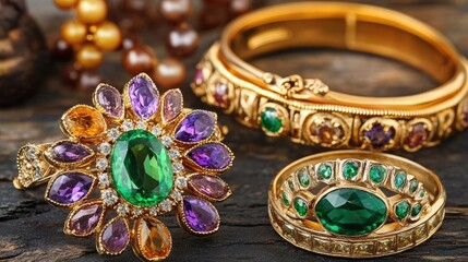 Naklejka premium A vintage brooch with intricate gemstone details placed beside an ornate ring