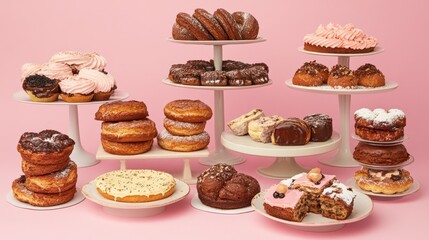 Assorted delicious pastries and donuts displayed on elegant stands against a pink backdrop