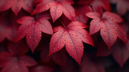 Autumn red maple leaves with water droplets close up
