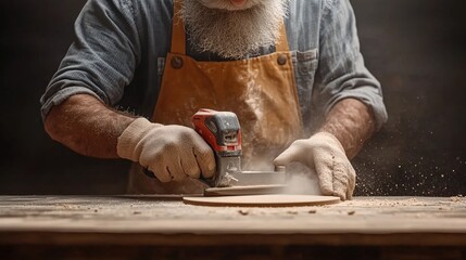 skilled craftsman uses a sander to shape a circular wooden piece. Dust fills the air as he focuses intently, showcasing the artistry of traditional woodworking in a cozy workshop
