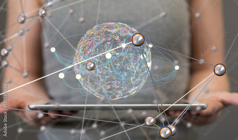 Aufkleber Global network. Blockchain. 3D illustration. Neural networks and artificial intelligence. Abstract