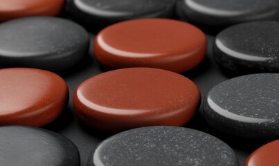 Close-up view of glossy black and red stones arranged in a pattern, creating a decorative surface