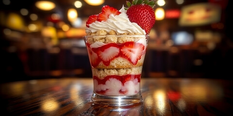 Layered strawberry shortcake parfait in a glass topped with whipped cream and fresh strawberries on a wooden table.