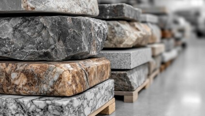 Numerous stone slabs are neatly stacked on wooden pallets in a warehouse. collection features a variety of textures and colors, showcasing natural stone materials for construction and design