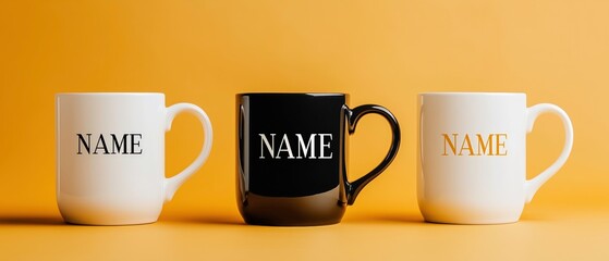 Mug Trio: The minimalist design of a trio of mugs, each displaying a simple "NAME", set against a warm, inviting background
