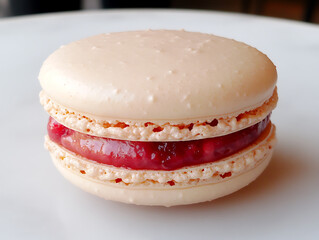 Close-up of a single light-colored macaron with a glossy red berry filling on a white plate highlighting its delicate texture.