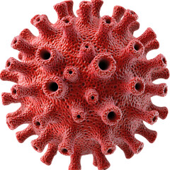 Detailed close-up of a virus model in vibrant red isolated on png transparent background, cut out