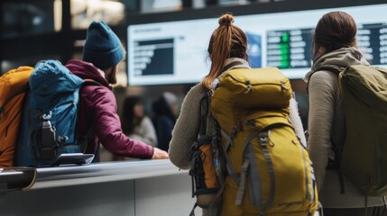 Airport counter with a group of friends preparing for a backpacking adventure in Patagonia. Featuring adventure and exploration